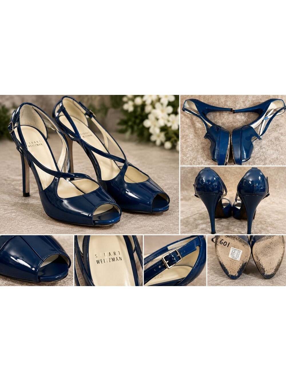 Stuart Weitzman Heels 7 Navy Patent Leather Strappy Peep Toe Stiletto